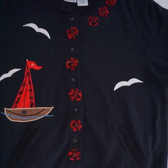 Vintage Blair Black Cotton Cardigan Cardinal Winter Cabincore Grandmacore XL - Picture 7 of 10